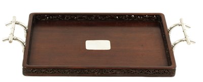 Lot 100 - A LATE 19TH CENTURY CHINESE HARDWOOD SILVER METAL MOUNTED TRAY