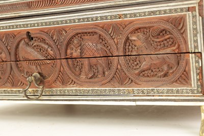 Lot 166 - A GOOD 19TH CENTURY OVERSIZED INDIAN BONE STRUNG AND MOSAIC BANDED CARVED SANDALWOOD WORK BOX