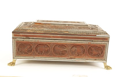 Lot 166 - A GOOD 19TH CENTURY OVERSIZED INDIAN BONE STRUNG AND MOSAIC BANDED CARVED SANDALWOOD WORK BOX