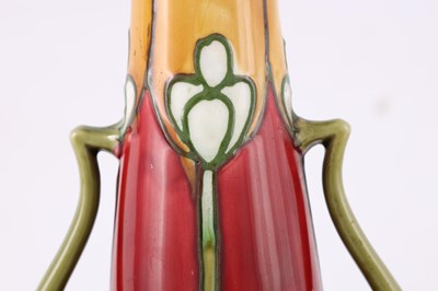 Lot 14 - A LATE 19TH CENTURY MINTON SECESSIONIST WARE SHAPED TWO HANDLED CABINET VASE WITH TALL TAPERING NECK