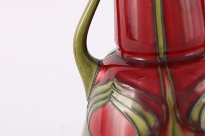 Lot 14 - A LATE 19TH CENTURY MINTON SECESSIONIST WARE SHAPED TWO HANDLED CABINET VASE WITH TALL TAPERING NECK