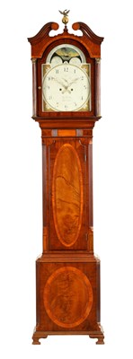 Lot 592 - JOHN PEBERDY, LEICESTER. AN EARLY 19TH CENTURY INLAID MAHOGANY EIGHT-DAY LONGCASE CLOCK