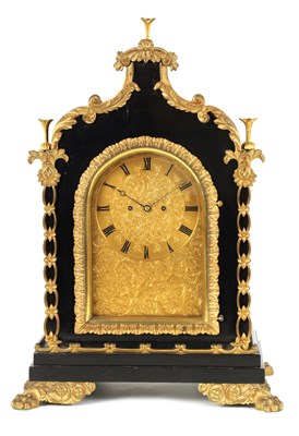 Lot 588 - FRENCH, ROYAL EXCHANGE, LONDON. A STYLISH MID 19TH CENTURY EBONISED ORMOLU MOUNTED BRACKET CLOCK