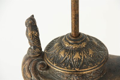 Lot 100 - A 19TH CENTURY STYLE ORNATE CAST BRASS ADJUSTABLE WHALE OIL LAMP