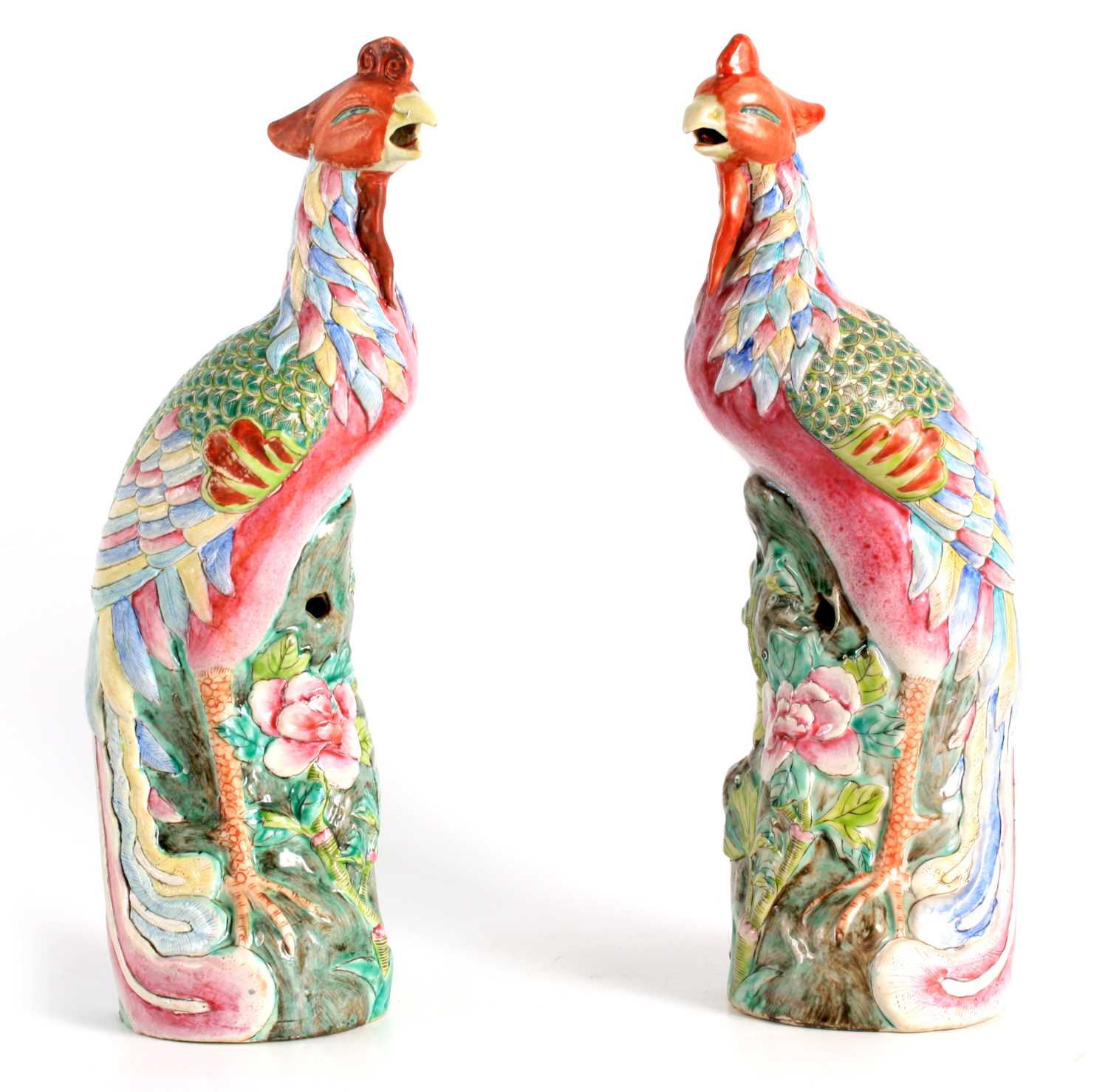 Lot 77 - A PAIR OF COLOURFUL CHINESE FAMILLE ROSE ORNAMENTAL BIRDS PERCHED ON FLOWERING BRANCHWORK