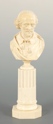 Lot 392 - A 19TH CENTURY CARVED IVORY BUST OF WILLIAM SHAKESPEARE