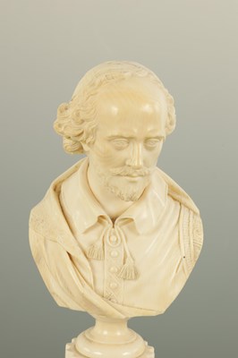 Lot 392 - A 19TH CENTURY CARVED IVORY BUST OF WILLIAM SHAKESPEARE