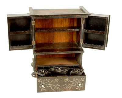 Lot 163 - AN EARLY 19TH CENTURY ANGLO INDIAN COROMANDEL AND BONE INLAID MINIATURE DRESSING CABINET