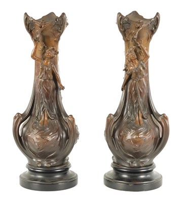 Lot 365 - A PAIR OF EARLY 20TH CENTURY ART NOUVEAU STYLE  PATINATED BRONZE  METAL VASES