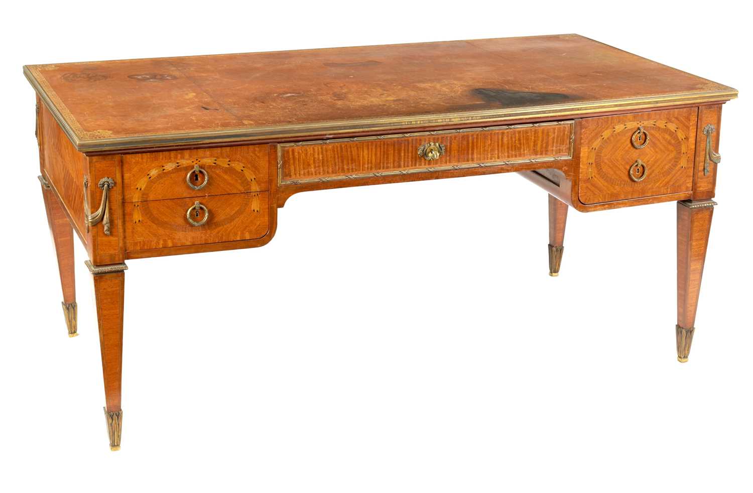 Lot 805 - A FINE LATE 19TH CENTURY FRENCH  ORMOLU MOUNTED INLAID SATINWOOD AND MAHOGANY DESK