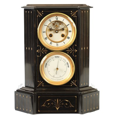 Lot 519 - A 19TH CENTURY BLACK SLATE MANTEL CLOCK/BAROMETER COMPENDIUM