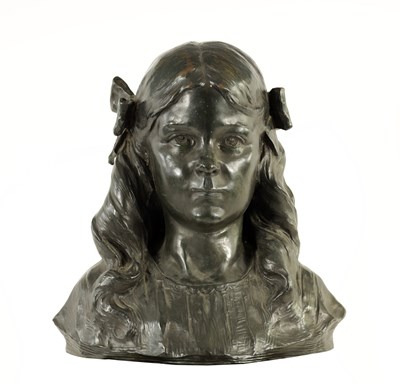 Lot 380 - LOUIS LUDWIG. AN EARLY 20TH CENTURY LIFE SIZE BRONZE BUST OF A YOUNG GIRL