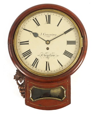 Lot 873 - J GREENING, CHEPSTOW. A MID 19TH CENTURY CHAIN DRIVEN FUSEE DROP DIAL WALL CLOCK