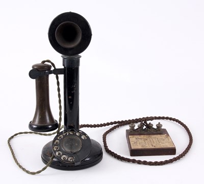 Lot 589 - AN EARLY CANDLESTICK TELEPHONE with enamelled...