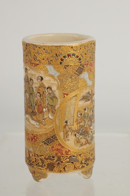 Lot 211 - A MEIJI PERIOD JAPANESE CYLINDRICAL SATSUMA SPILL VASE OF SMALL SIZE