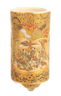 Lot 211 - A MEIJI PERIOD JAPANESE CYLINDRICAL SATSUMA SPILL VASE OF SMALL SIZE