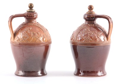 Lot 153 - A PAIR OF LATE 19TH CENTURY DOULTON LAMBETH IRISH WHISKEY AND BRANDY DECANTERS