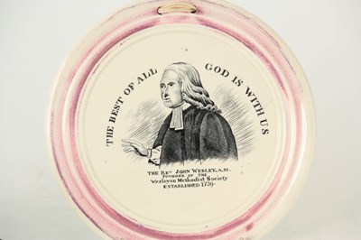 Lot 133 - A 19TH CENTURY SUNDERLAND TYPE CERAMIC WALL PLAQUE RELATING TO REV. JOHN WESLEY, A.M.