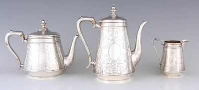 Lot 303 - A VICTORIAN BRIGHT CUT ENGRAVED SILVER THREE-PIECE TEA & COFFEE SERVICE