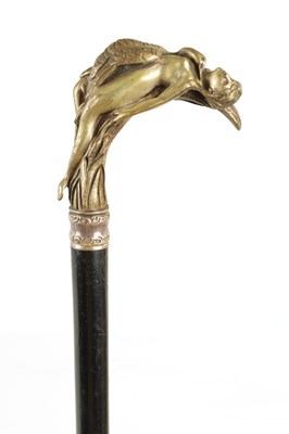 Lot 516 - AN ART NOUVEAU SILVERED BRONZE WALKING AND EBONY CANE WALKING STICK DEPICTING LEDA AND THE SWAN