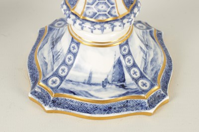 Lot 73 - A RARE PAIR OF ROYAL CROWN DERBY BLUE AND WHITE CANDLESTICKS