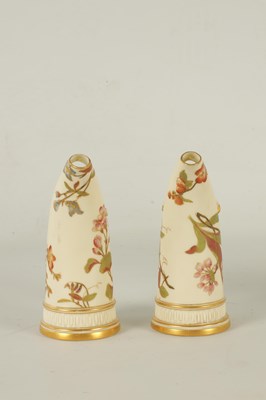 Lot 82 - A PAIR OF ROYAL WORCESTER BLUSH IVORY TUSK JUGS