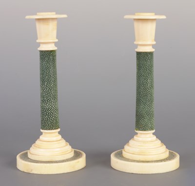 Lot 105 - A PAIR OF EARLY 20TH CENTURY IVORY AND SHAGREEN CANDLESTICKS