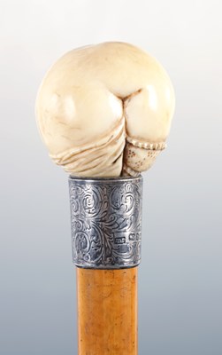 Lot 297 - A 19TH CENTURY EROTIC CARVED IVORY HANDLED WALKING STICK