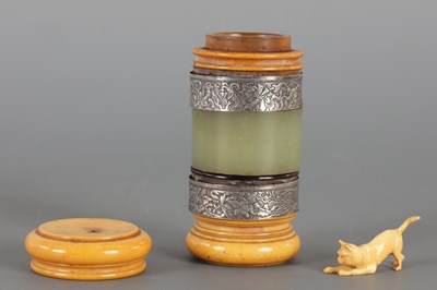 Lot 169 - AN 18TH/19TH CENTURY CHINESE IVORY, JADE, SILVER AND RHINOCEROS HORN LIDDED BRUSH POT