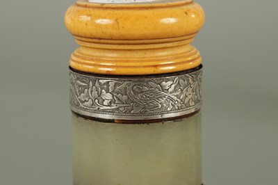 Lot 169 - AN 18TH/19TH CENTURY CHINESE IVORY, JADE, SILVER AND RHINOCEROS HORN LIDDED BRUSH POT