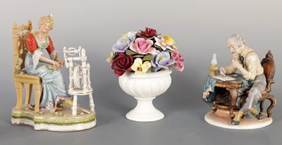 Lot 289 - TWO GERMAN PORCELAIN FIGURINES AND A ROYAL DOULTON FLOWER BASKET