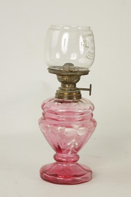 Lot 10 - A MINIATURE CRANBERRY GLASS OIL LAMP
