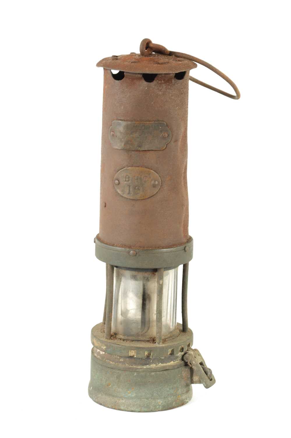 Lot 89 - A 19TH CENTURY BRASS AND IRON MINERS LAMP