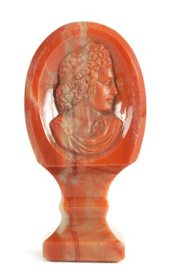 Lot 509 - A 19TH CENTURY FRENCH AGATE SEAL WITH  FINELY CARVED CLASSICAL BUST PORTRAIT