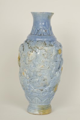 Lot 100 - A 19TH CENTURY PALE BLUE GLAZED RELIEF MOULDED CHINESE PORCELAIN VASE