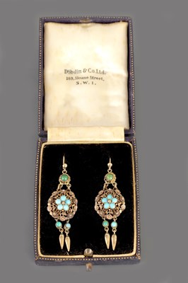 Lot 381 - A PAIR OF LATE 19TH CENTURY 9CT GOLD TURQUOISE EARRINGS