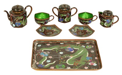 Lot 122 - A MEIJI PERIOD JAPANESE CLOISONNE ENAMEL 'TEA FOR TWO' SERVICE WITH RECTANGULAR TRAY