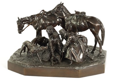 Lot 591 - AFTER NIKOLAI LIEBERICH (1828-1883) A LARGE RUSSIAN BRONZE FIGURE GROUP OF COSSACK HUNTERS WITH TWO HORSES AND WOLF HOUNDS