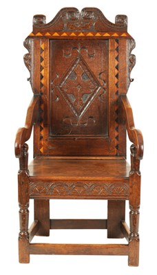 Lot 877 - A 17TH CENTURY JOINED OAK INLAID ‘LEEDS AREA’ WAINSCOT CHAIR