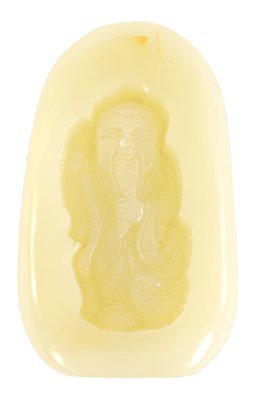 Lot 70 - A CHINESE CARVED JADE BOULDER DEPICTING A SAGE HOLDING A STAFF