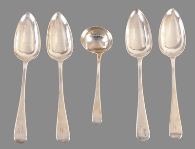 Lot 407 - A SET OF FOUR GEORGIAN SILVER TABLESPOONS AND MATCHING LADLE