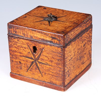 Lot 670 - GEORGE III OAK CUBE TEA CADDY with star work...