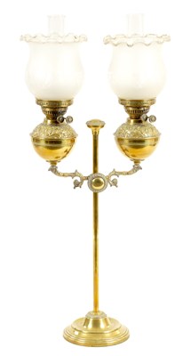 Lot 525 - AN UNUSUAL 19TH CENTURY DOUBLE ADJUSTABLE BRASS OIL LAMP