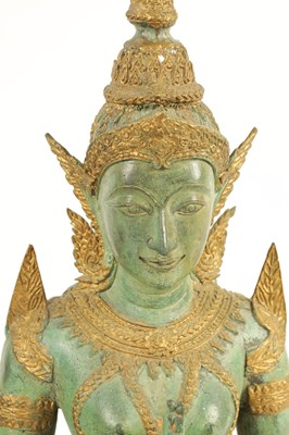 Lot 227 - A PAIR OF 20TH CENTURY KNEELING BRONZE PATINATED GREEN AND GILT TIBETAN BUDDHAS