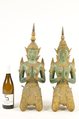 Lot 227 - A PAIR OF 20TH CENTURY KNEELING BRONZE PATINATED GREEN AND GILT TIBETAN BUDDHAS