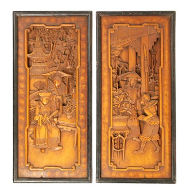 Lot 1341 - A PAIR OF LATE 19TH CENTURY CHINESE CARVED PANELS