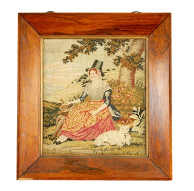 Lot 1161 - A 19TH CENTURY WOOL-WORK PICTURE DEPICITIG A WELSH GIRL