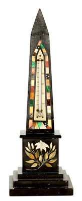 Lot 560 - A 19TH CENTURY ASHFORD PIETRA DURA MARBLE OBELISK THERMOMETER