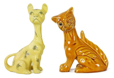 Lot 86 - AN ALURVALE POTTERY CAT IN THE MANNER OF GALLE TOGETHER WITH ANOTHER SIMILAR CAT