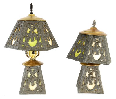 Lot 606 - A PAIR OF EARLY 20TH CENTURY AMERICAN SLAG GLASS TABLE LAMPS